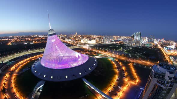 Elevated Aerial View Over the City Center with Khan Shatyr and Central Business District Day To