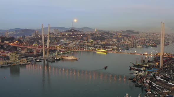 A Wonderful View From a Drone of the Golden Bridge and the City at Sunset