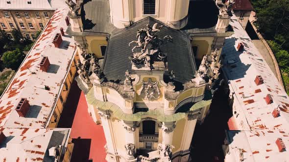 Aerial drone view of a flying over the Catholic Cathedral