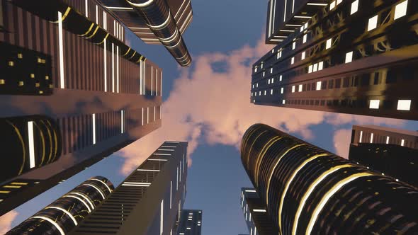 3d render of abstract bright city with skyscrapers. Simple forms of buildings