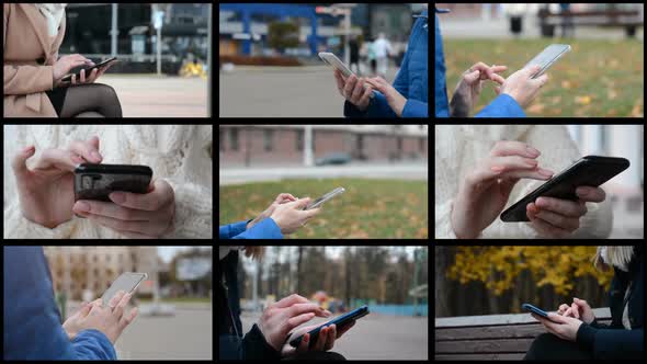 Video Collage of Nine Videos Female Hands and a Phone