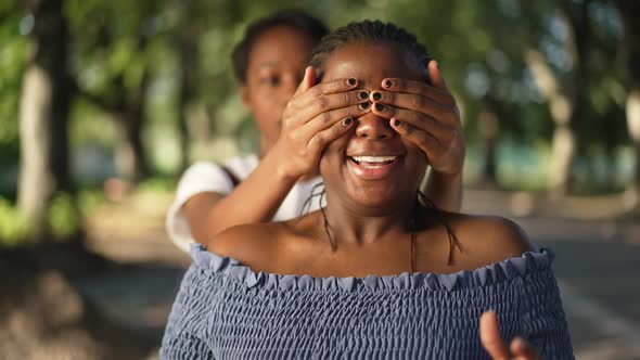 Portrait of Surprised African American Woman Smiling As Friend Covering Eyes with Hands
