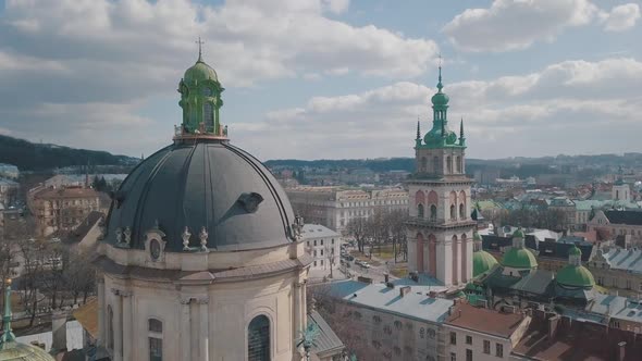 Aerial City Lviv, Ukraine. European City. Popular Areas of the City. Dominican