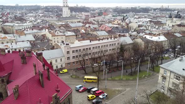 Aerial view of a drone flying over the building.