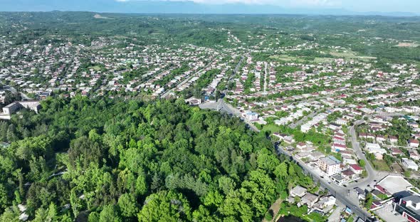 Zugdidi, Georgia - May 30 2022: Flying over the center of Zugdidi city in Samegrelo
