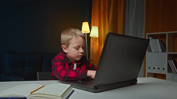 Kid Boy is Studing at Home Typing on Laptop Then Looking at Camera and Showes Thumb Up alt