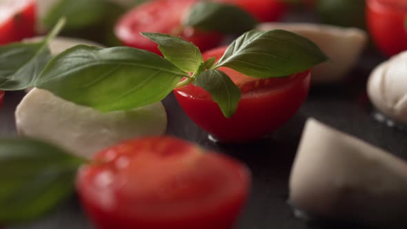 Camera follows putting fresh basil over tomato and mozzarella cheese salad. Slow Motion.