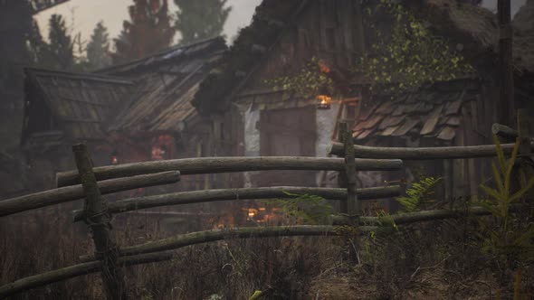 Old Rural Abandoned Wooden Village Under Cloudy Sky in Autumn Season alt