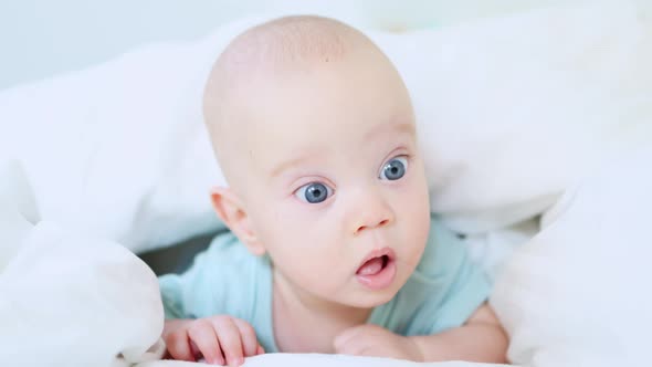 Funny Caucasian Baby Infant Lying in White Bed on Stomach in the Morning Happy