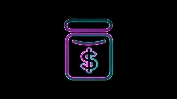 Glowing neon line banknote dollar icon isolated on black background. Banking currency sign.