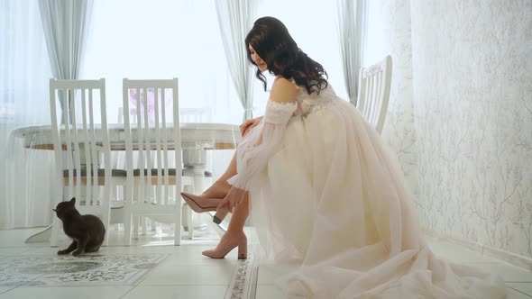 Beautiful Bride Puts on Shoes in Dining Room of House Next to Floor Sits a Cat