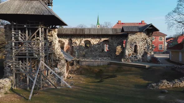 Latvia, Limbazi Medieval Castle Ruins  With New Created High Observation Tower. 4K Dron Video