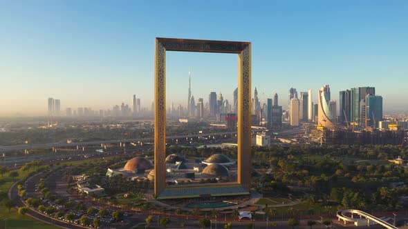 Aerial view of Dubai frame landmark during the sunset, Dubai, U.A.E