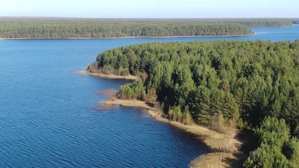 Flight Over the Taiga Forest Lake