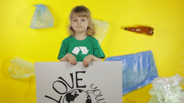 Girl Activist Holding Poster Love Your Mother Earth. Plastic Nature Pollution