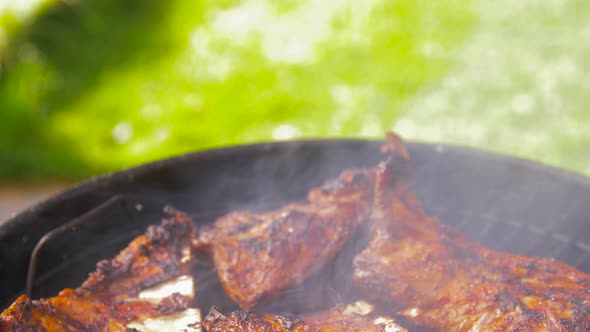 Barbecue Meat Roasting on Brazier Grill Outdoors