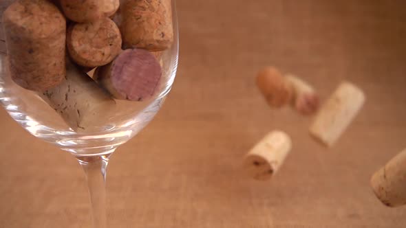 Wine corks fall on burlap against a background of wineglass. Slow motion.