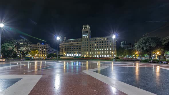 People at Placa De Catalunya or Catalonia Square Night Timelapse Hyperlapse a Large Square