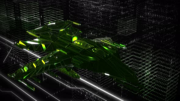 Autonomous Green Digital Starship Vehicle Floating In Server Data World