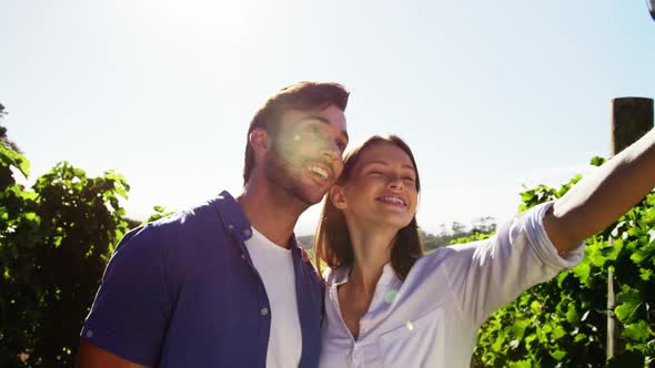 Couple taking selfie on mobile phone at vineyard