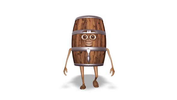 Cartoon Wooden Barrel Walking Loop On White Background