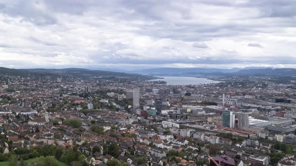 Left to right pan timelapse over Zurich on a moody and cloudy day, Switzerland