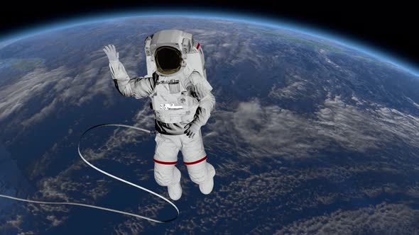 Astronaut Spacewalk, Waving His Hand in the Open Space alt