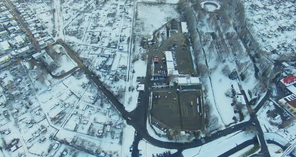 Winter aerial drone view of small town