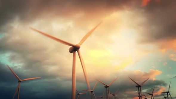 Electricity generating wind turbines spinning around. Loopable animation. HD