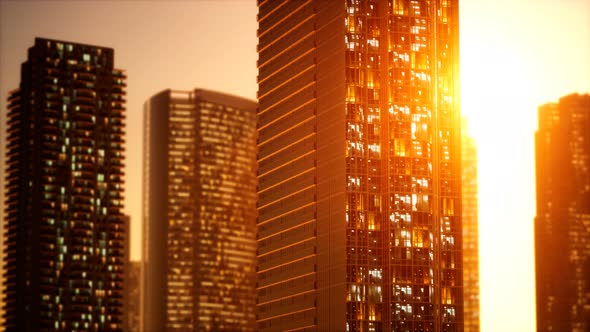 Sunset Aerial Shot of Skyscrapers of Business Centre