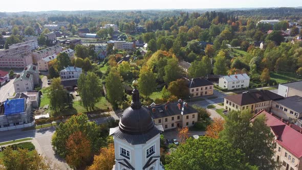 Latvia, Aluksne Old Lutheran Church With Golden Cock Statue on the Top of Tower, Aerial Dron 4K Shot