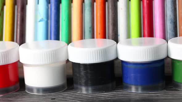 Gouache And Pastel For Drawing. Slider Camera. Close Up. alt