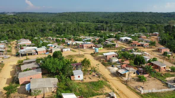 Indigenous slum outside the city of Manaus, Brazil. Aerial drone shot, push in.
