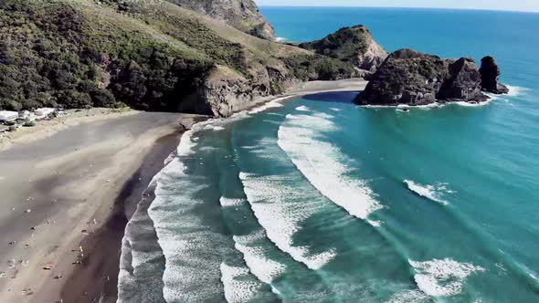 Drone footage of Piha Beach in Auckland New Zealand.