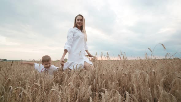 Young Cute Mother Son Wheat Field Countryside Nature Woman Enjoy Walks Her Little Boy