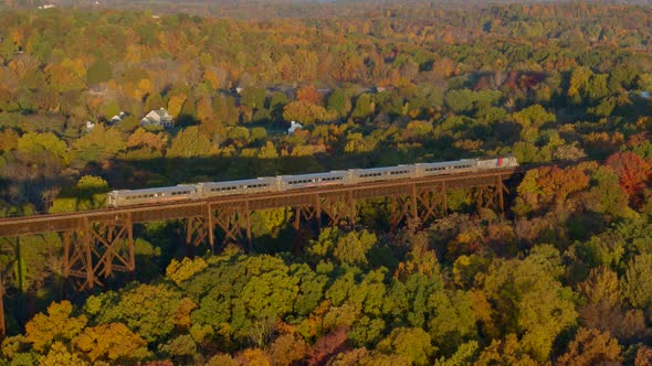 Aerial of train passing over railroad bridge through autumn forest