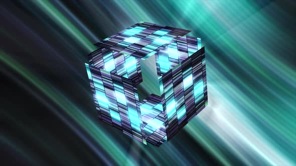 Glowing Striped Cube in Cyberspace