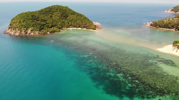 Aerial Drone View Small Koh Ma Island, Ko Phangan Thailand. Exotic Coast Panoramic Landscape, Mae