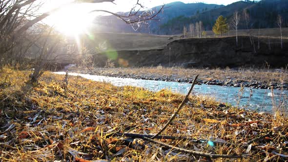 Dolly Slider Shot of the Splashing Water in a Mountain River Near Forest. Wet Rocks and Sun Rays