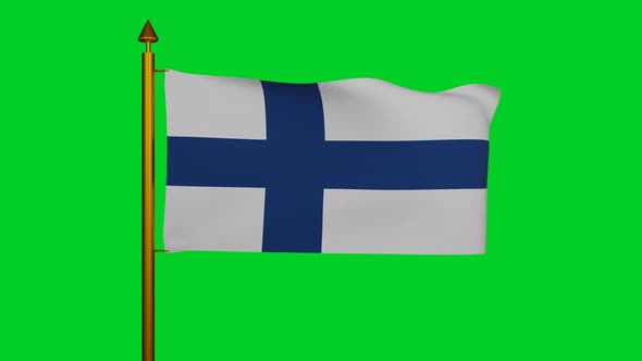 National flag of Finland waving with flagpole on chroma key, Suomen lippu or Finlands flagga