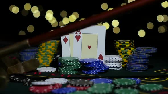 Poker Chips and Two Aces. Close Up. Slow Motion