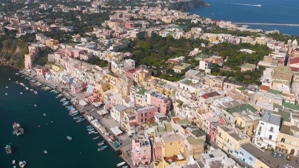 Aerial View of Corriccella Fisherman Village in Procida Island Near Naples Italy