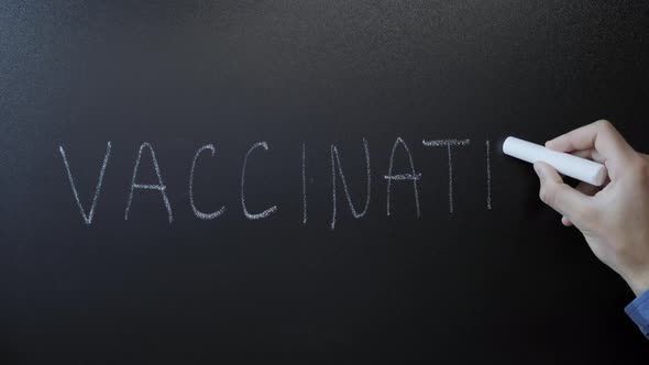 Hand writing word vaccination on chalkboard. Stop covid-19.