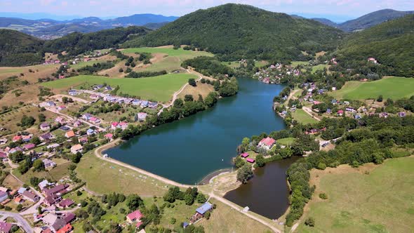 Aerial view of a lake in the village of Bansky Studenec in Slovakia