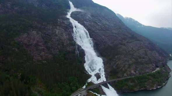 Langfossen waterfalls in Norway, aerial footage