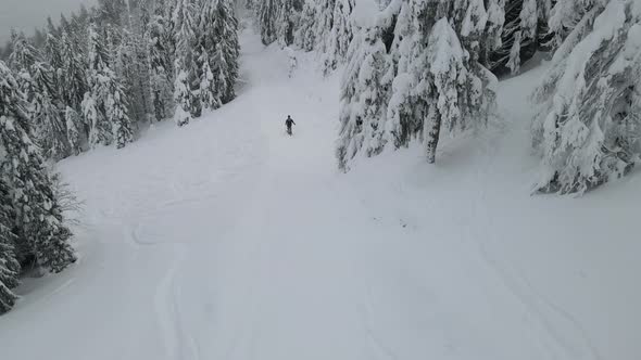 Aerial View of Free Riding Skier Ukraine Mountains