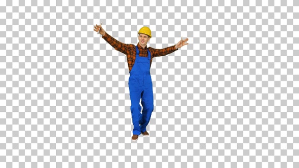 Builder counting his salary and dancing, Alpha Channel