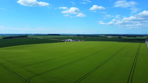 Aerial view of endless green harvested crops on Salisbury Plains in rural England