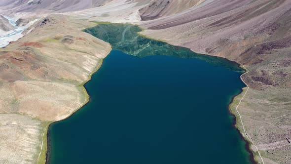Beautiful Aerial Shot Revealing Chandratal Lake , Spiti Valley , Cinematic Dolly Shot , Moon Lake 