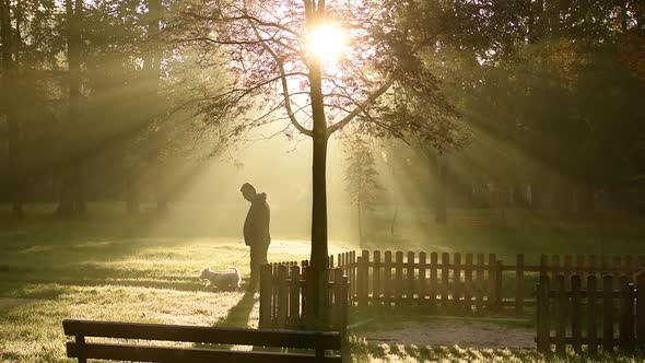 A Man Walking The Dog In The Park